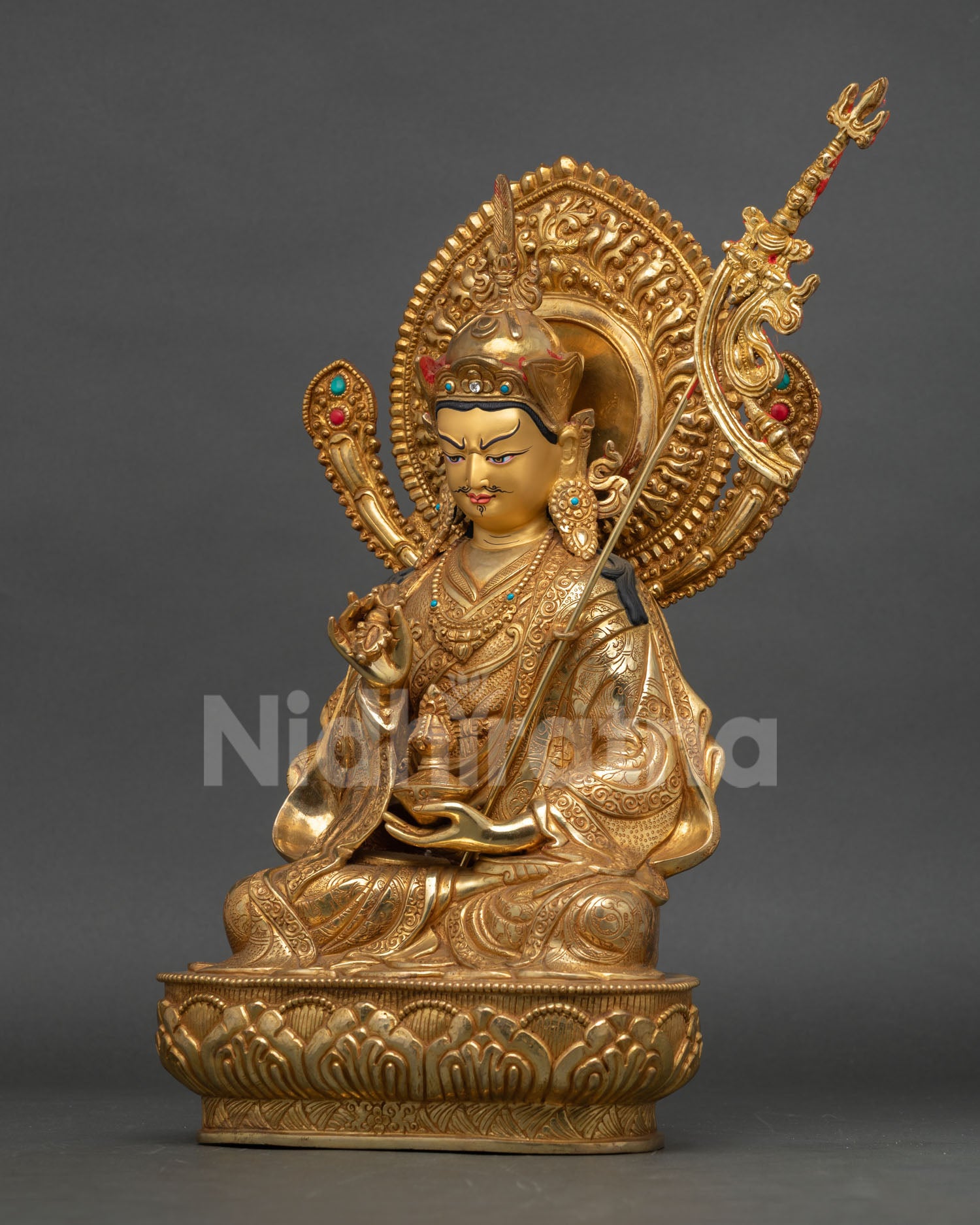 Left view Tsokye Dorje statue handcrafted Nepalese copper sculpture with gold accents and traditional Vajrayana iconography