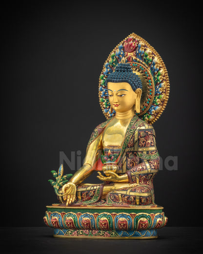 Left side view of Medicine Buddha Statue Holding Mystical Myrobalan Plant