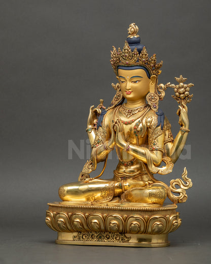 Left angle view of Chenrezig Avalokiteshvara statue with robe carvings