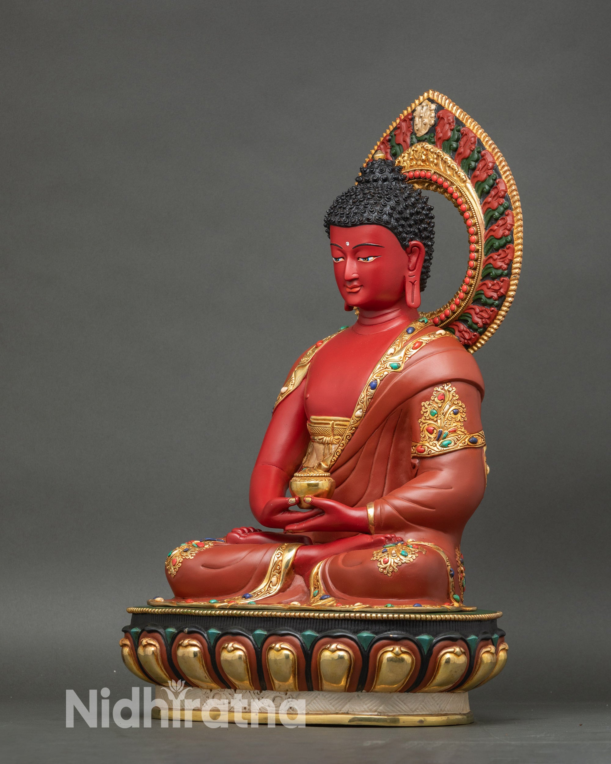 Left profile of Amitabha Buddha meditation statue, handcrafted Nepalese Pure Land Buddha artwork