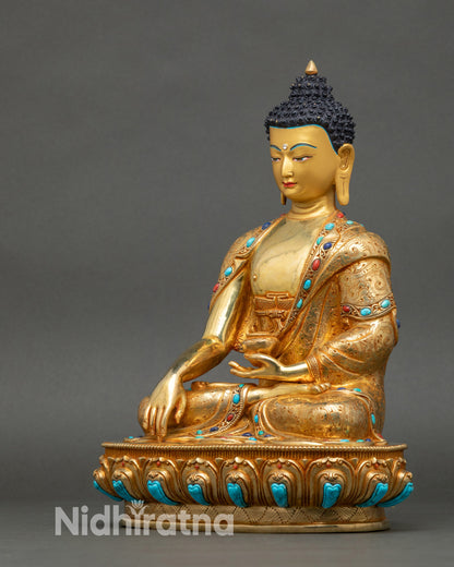 Left profile of Buddha sculpture with lotus seat and detailed floral carvings
