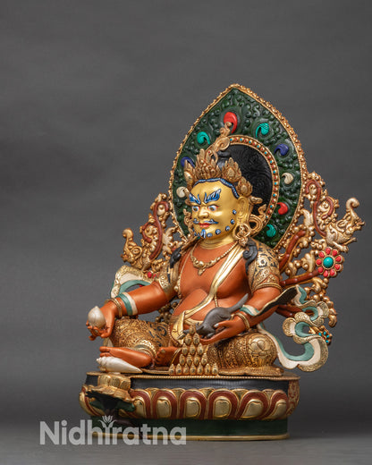 Left profile of Dzambhala wealth deity with intricate copper carving