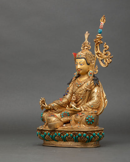 left-profile-guru-rinpoche-yeshe-tsogyal-mandarava-fire-gilded-copper-details