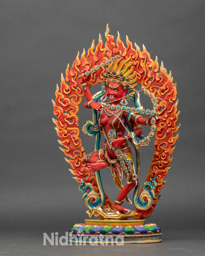 Left profile of Kurukulla Statue, copper detailing and semi-precious inlays