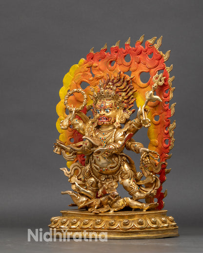 Left profile of Mahakala statue highlighting tiger-skin garment and jewelry inlays