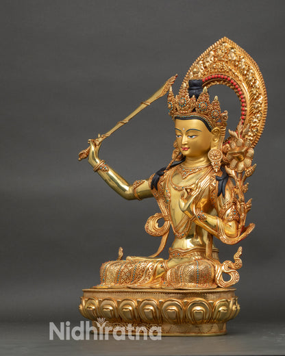 Left profile of Manjushri Statue, copper craftsmanship with gold layers