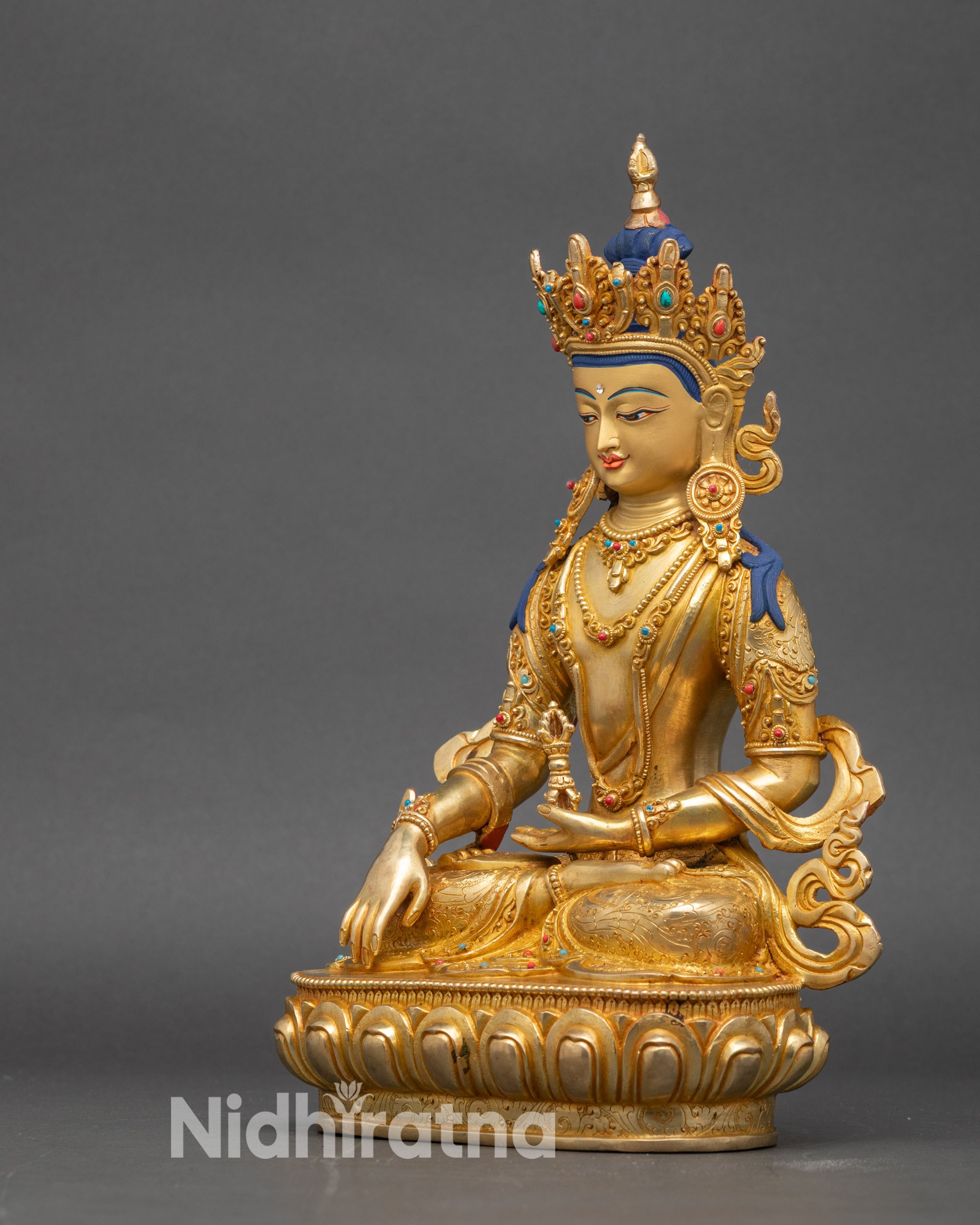 Left profile of Mitrugpa statue, gold fire-gilded copper Bodhisattva figure