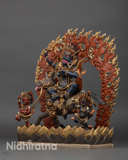 Left profile of Palden Lhamo, gold-gilded skullcup, sandalwood staff, intricate details.