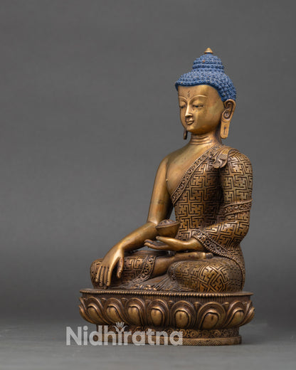 Left profile of Shakyamuni Buddha statue showcasing sacred begging bowl and details