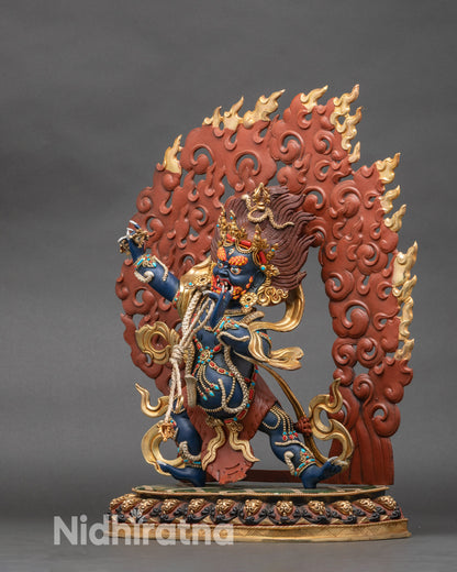 Left profile of Vajrapani Bodhisattva with red flame backdrop and detailed robes