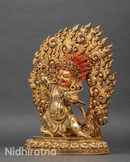 Left profile of Vajrapani statue with gold fire-gilded lotus seat, protective deity