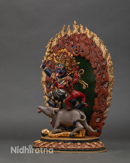 Left profile of Yamantaka wrathful deity statue, handcrafted copper sculpture
