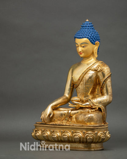 Left profile of handcrafted Golden Buddha statue with gold fire-gilded finish