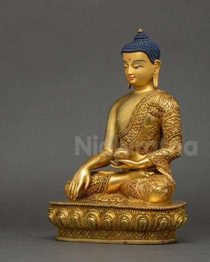 Left profile showing intricately carved robes and floral patterns
