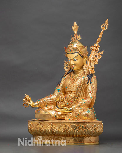 Left profile view of Guru Rinpoche statue, hand-carved Nepalese bronze artwork