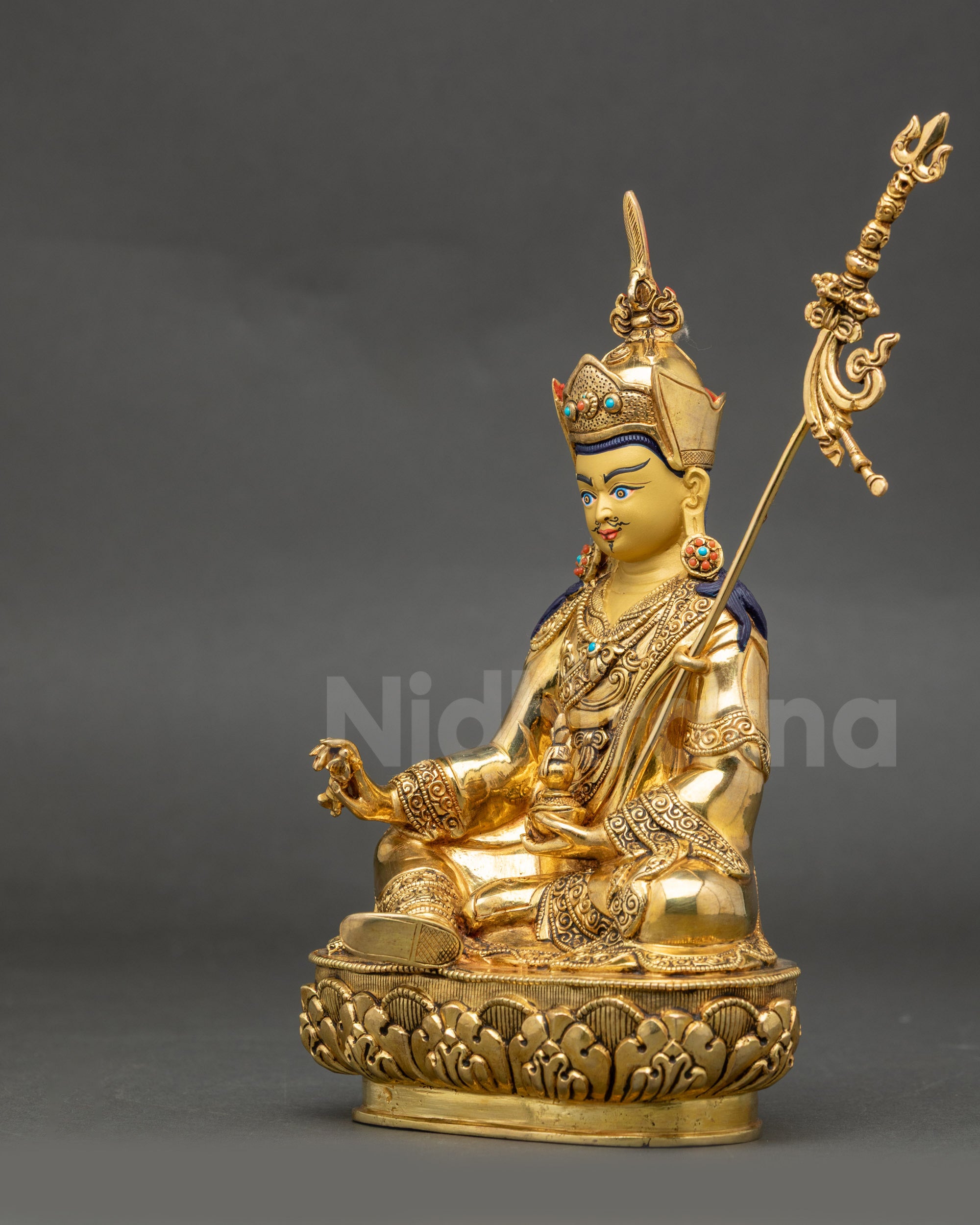 Left side Padmasambhava Buddhist statue with semi precious stones and lotus seat