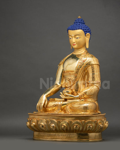Left side of Shakyamuni Buddha Statue with detailed 3D carvings and fire-gilded accents