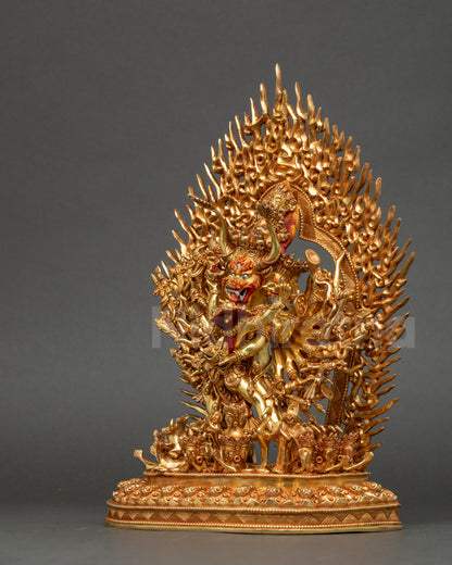 Left side of Yamantaka with Consort highlighting 16-arm posture and detailed sacred objects