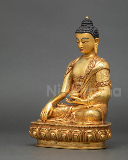 Left side view Gautama Buddha gold-gilded copper statue lotus seat handcrafted Newari