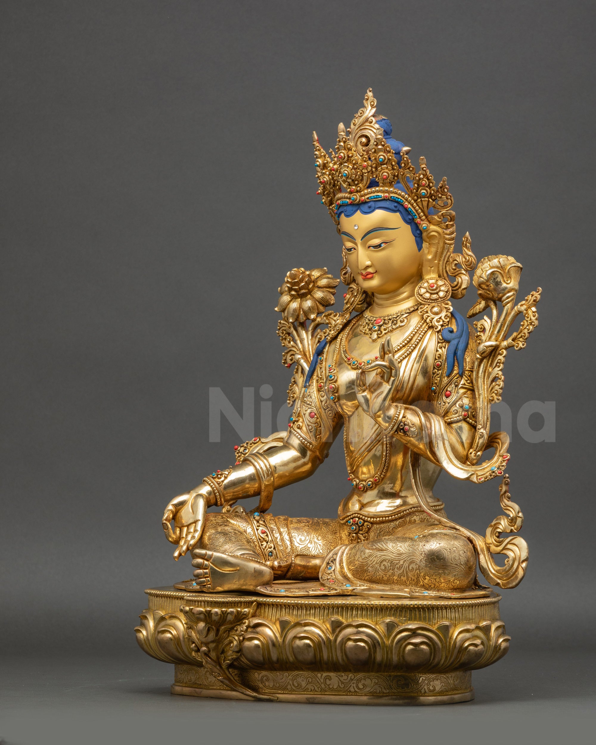 Left side view Green Tara statue Hindu Buddhist deity gold-gilded copper art