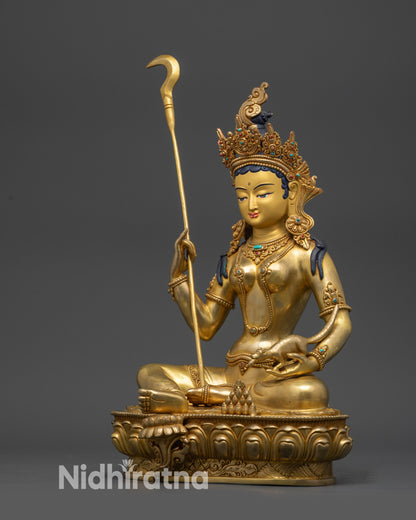 Left side view Red Manohara Vasudhara Buddhist statue holding prosperity symbols
