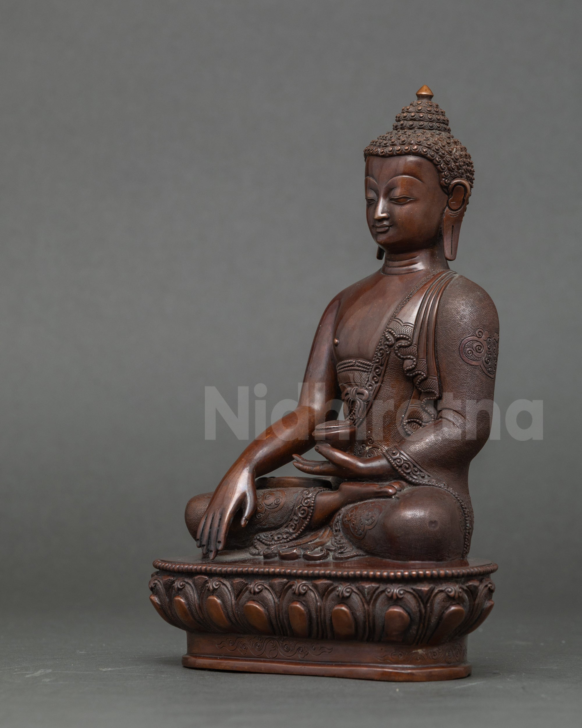 Left side view Shakyamuni Buddha statue, handcrafted Nepalese copper, spiritual decor
