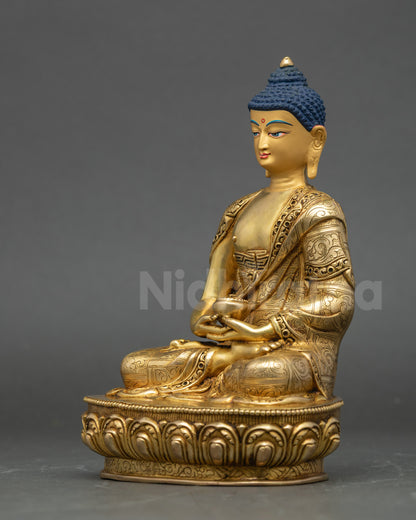 Left side view of Amitabha Buddha Statue displaying gold fire-gilded details and robe