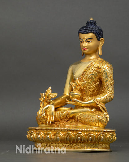Left side view of Bhaisajyaguru statue, gold fire-gilded with 3D carvings