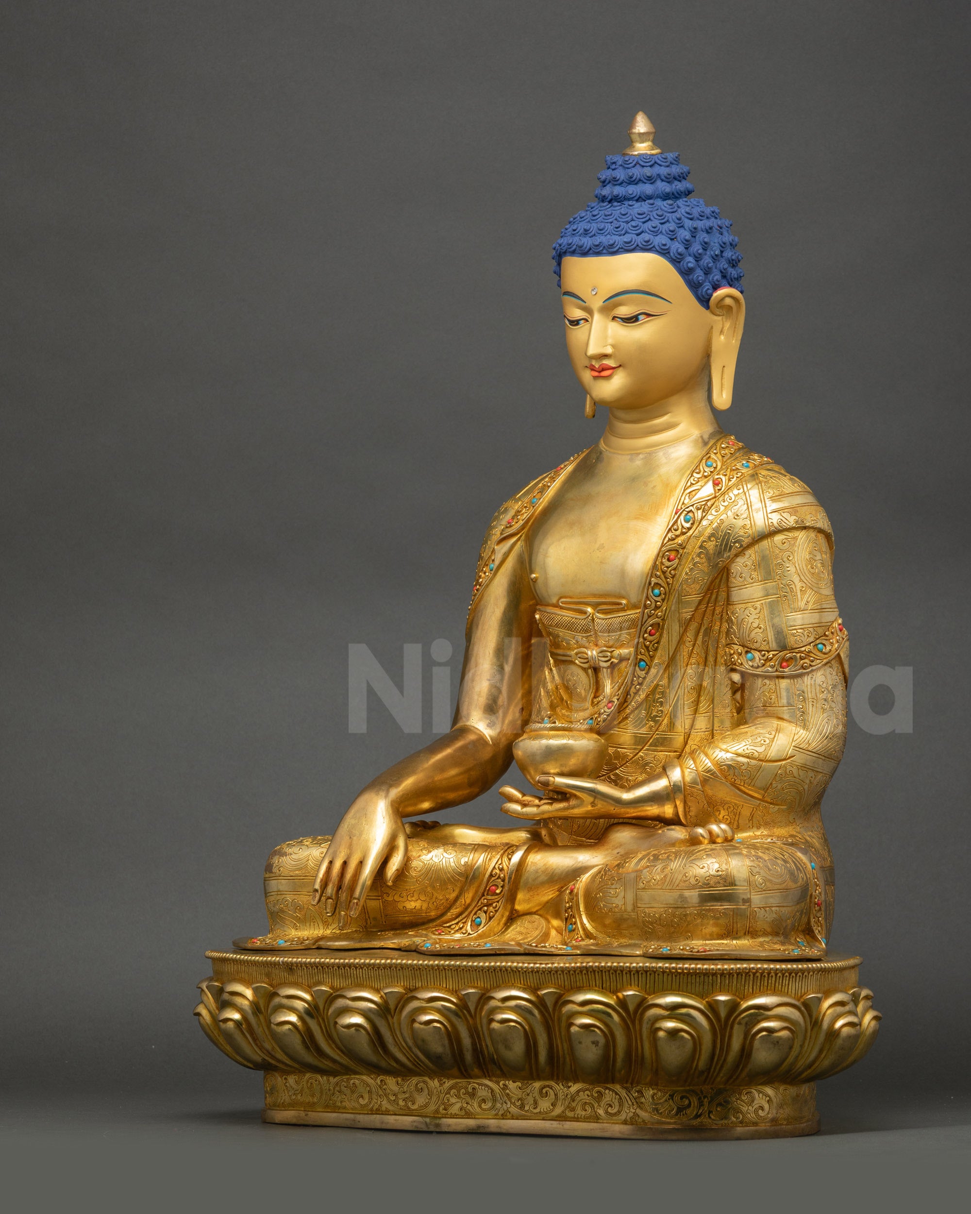 Left side view of Divine Shakyamuni Buddha Sculpture with intricate Himalayan detailing