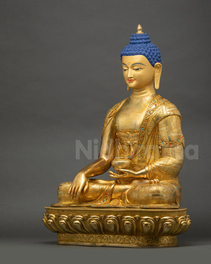 Left side view of Divine Shakyamuni Buddha Sculpture with intricate Himalayan detailing