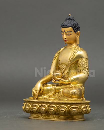 Left side view of Gautama Buddha Statue with intricate copper detailing