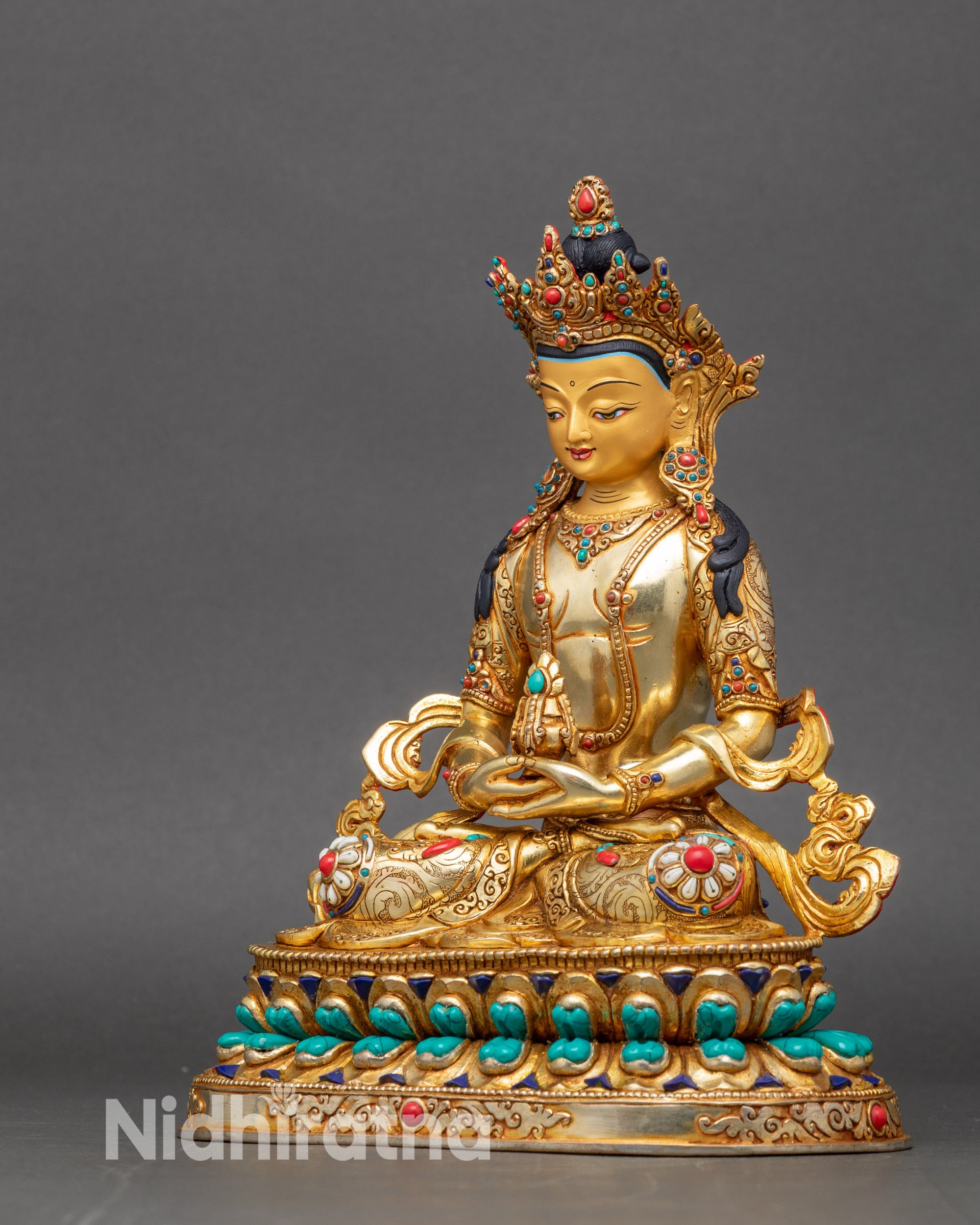 Left side view of Handcrafted Amitayus Longevity Statue, Himalayan Buddhist figurine in copper and gold
