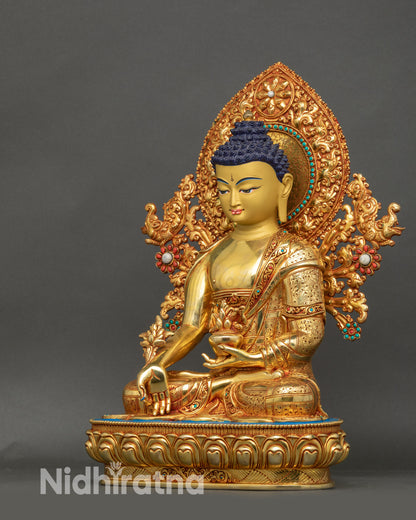 Left side view of Sacred Medicine Buddha Statue, intricate 3D carved gold details