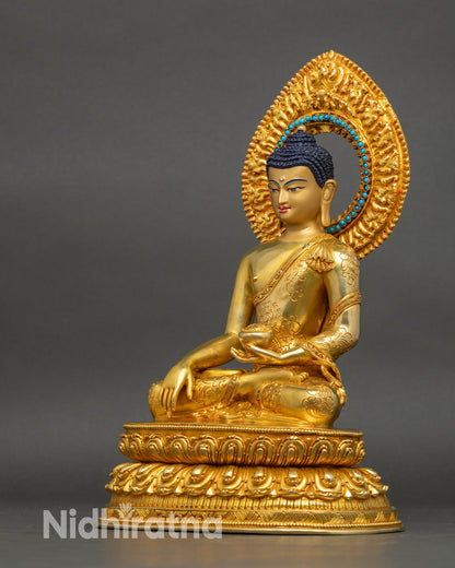 Left side view of Shakyamuni Buddha, handcrafted Nepalese lost-wax sculpture with halo