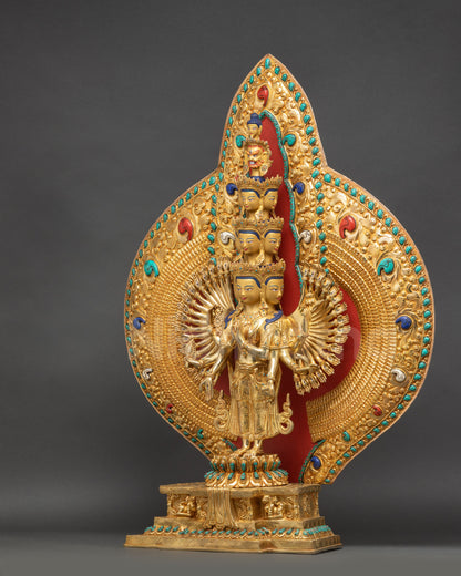 Left side view of Thousand-Arm Chenrezig showcasing intricate arms and Nepalese craftsmanship
