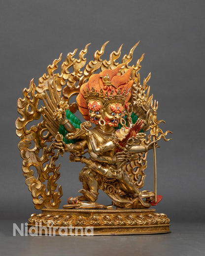 Left side view of Vajrakilaya statue, detailed wings, ritual objects, and Yab-Yum pose