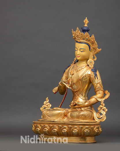 Left side view of Vajrasattva devotional statue, handcrafted Nepalese copper sculpture