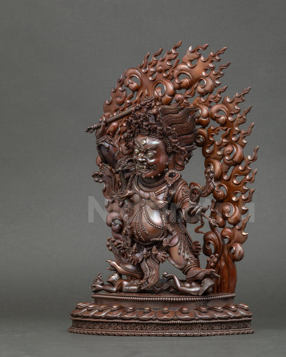 Left side view of oxidized copper Hayagriva spiritual protector sculpture