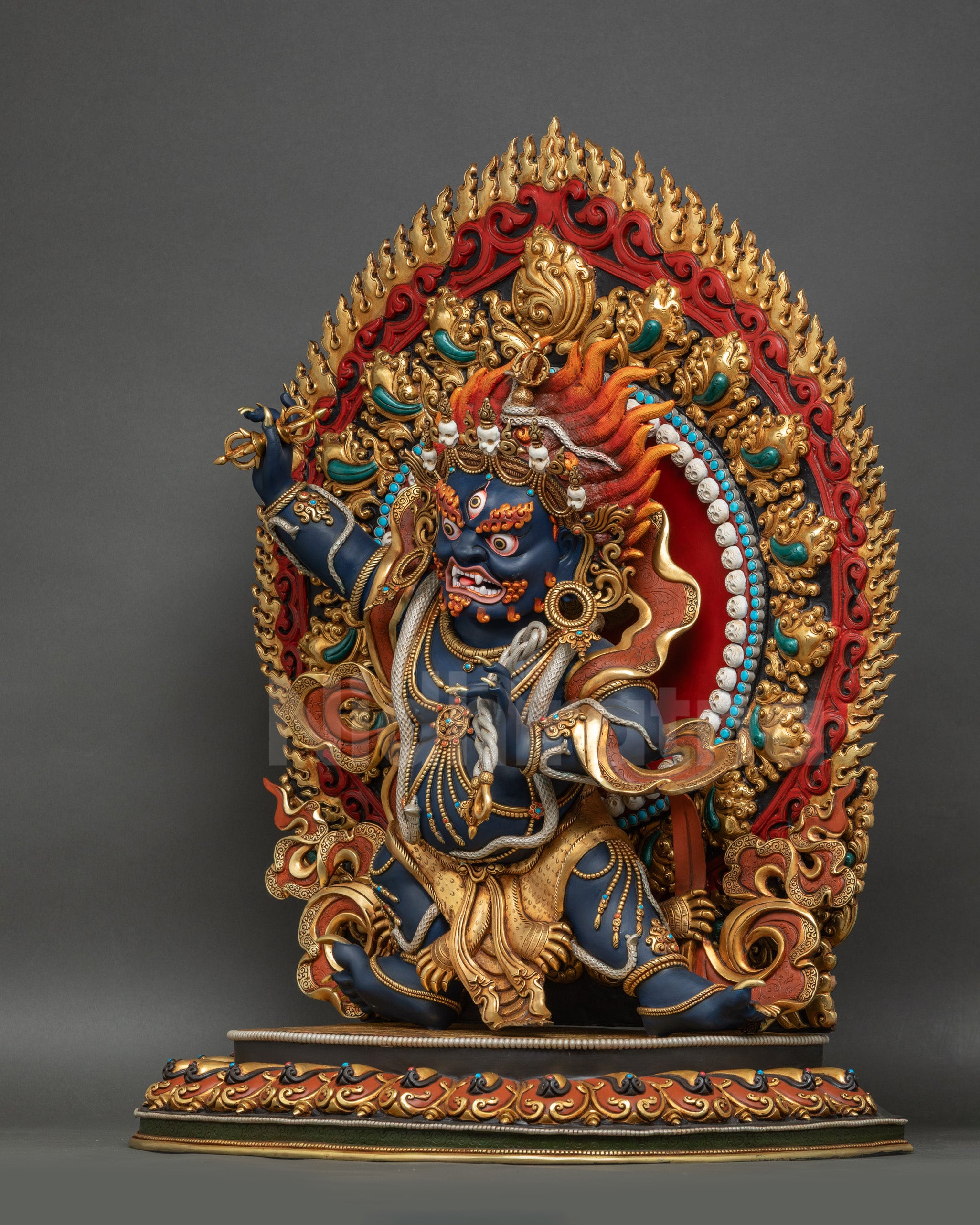 Left side view showing Vajrapani’s dynamic robe and flaming prabhamandala halo