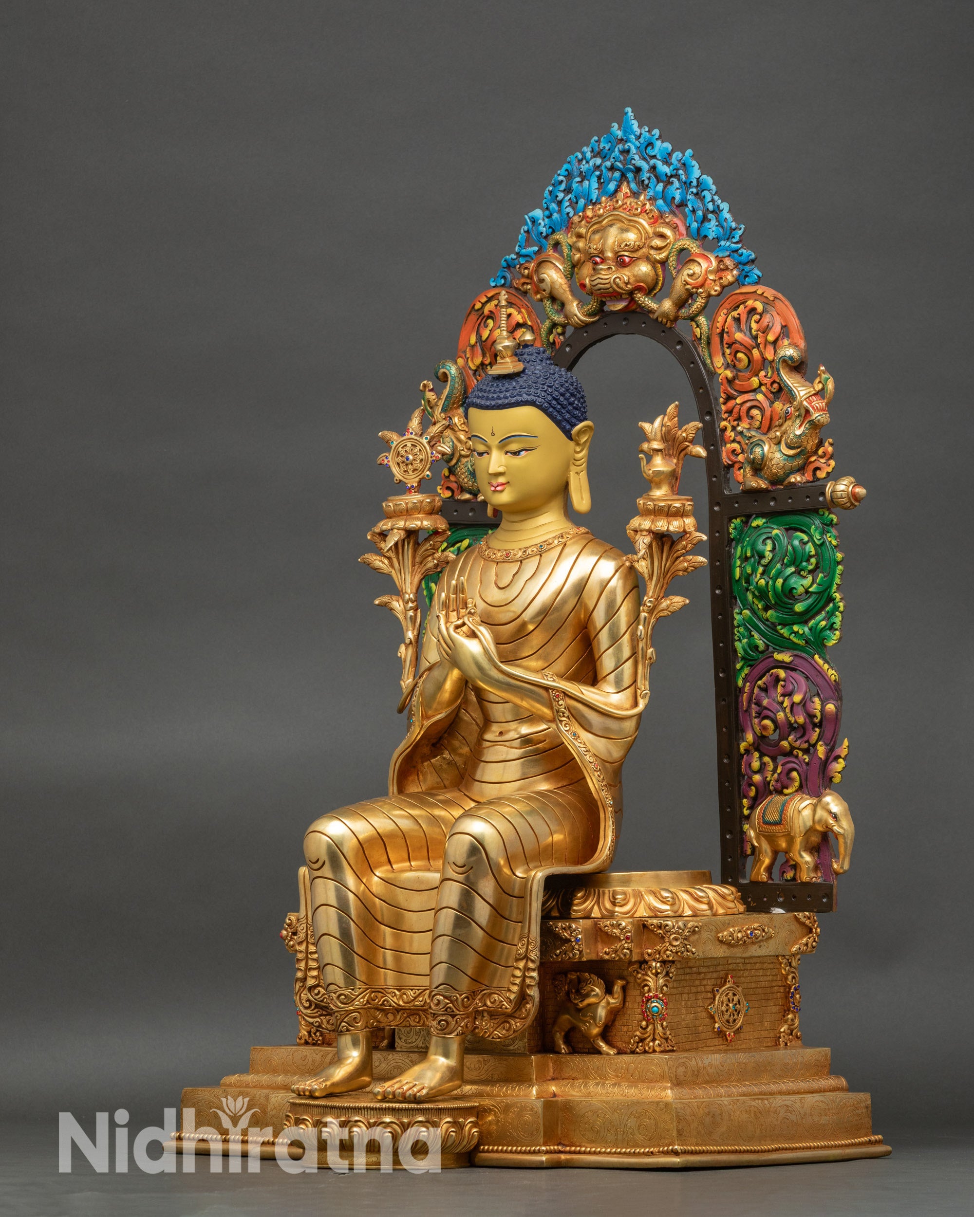 Left view Maitreya Buddha statue, vibrant halo and symbolic motifs, handcrafted Nepalese Buddhist art