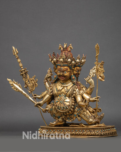 Left view of three-faced Hayagriva sculpture on lotus throne Nepal