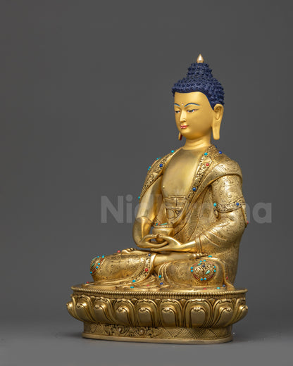 Left view side Amitabha Buddha gold-gilded copper statue side view with lotus throne