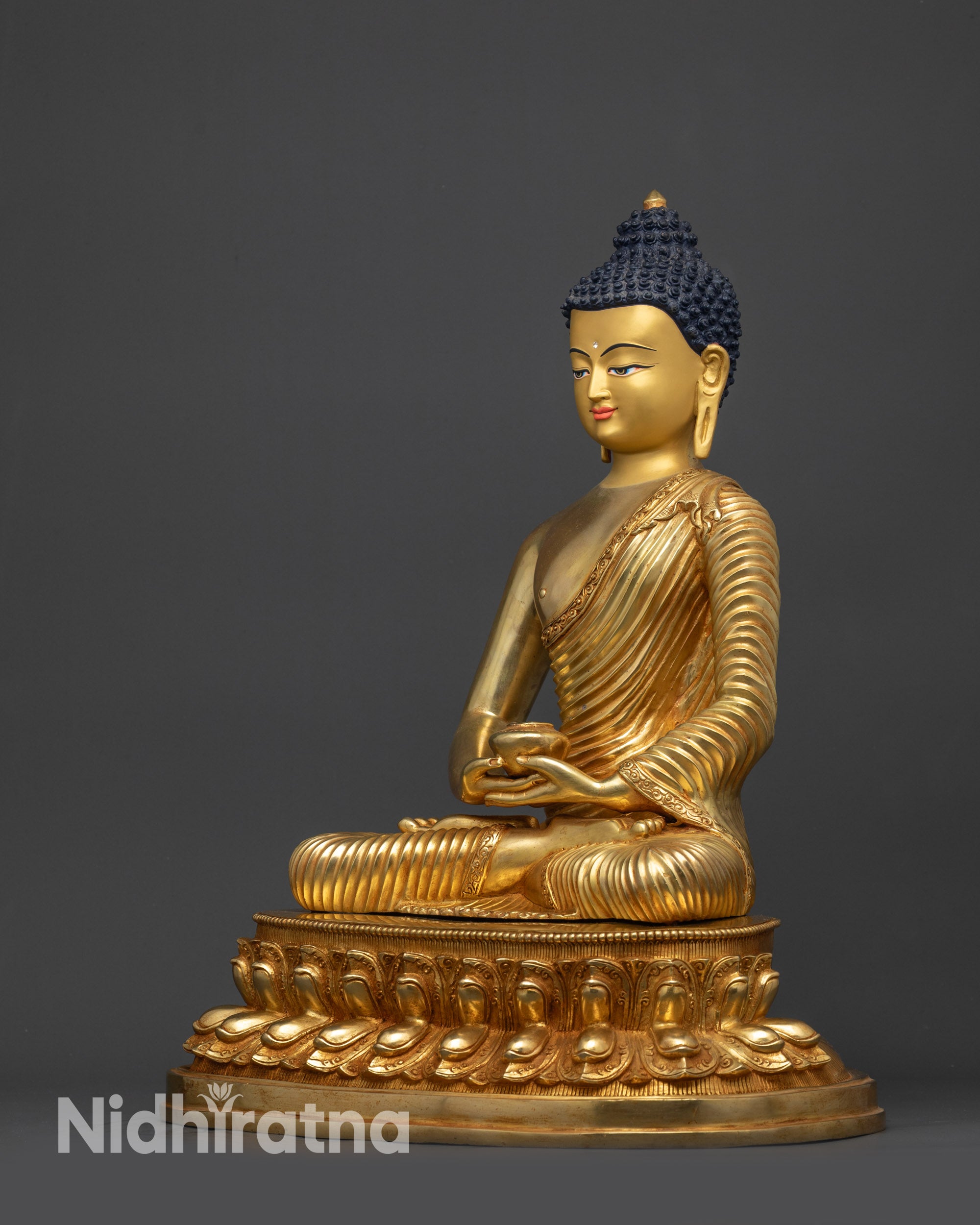 Left view side Amitabha Buddha statue holding monk’s bowl in meditation pose