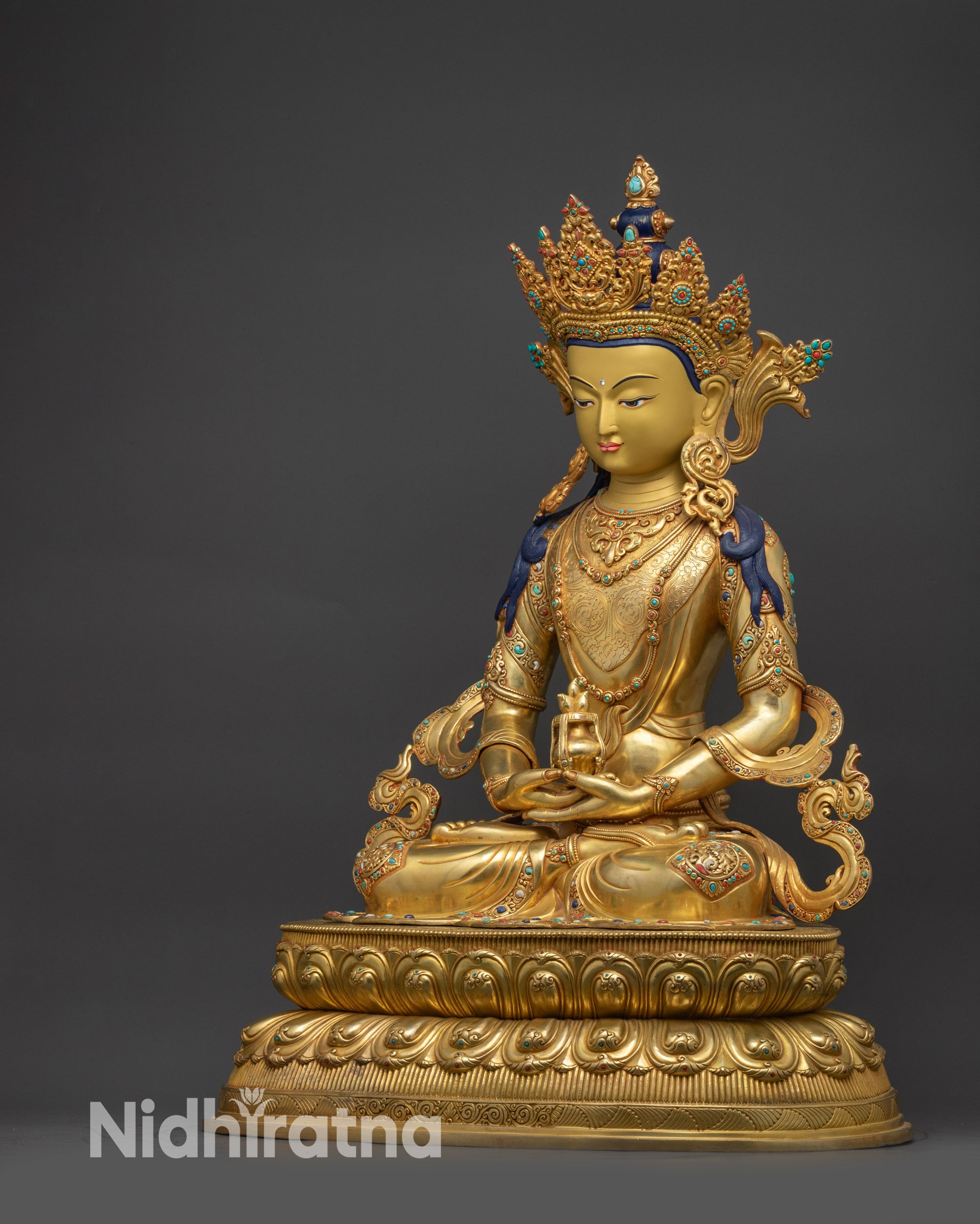 Left view side Amitayus Buddha showcasing sacred vase of immortality and gold details
