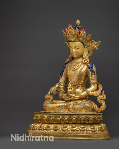 Left view side Amitayus Buddha showcasing sacred vase of immortality and gold details
