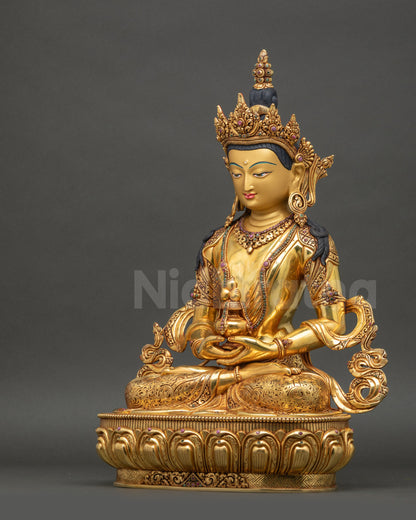 Left view side Amitayus statue highlighting long-life vase and carved lotus pedestal