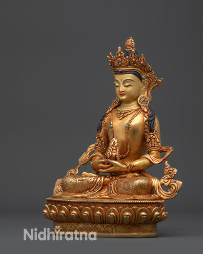 Left view side Amitayus statue showing crown, jewelry, and lotus pedestal details

