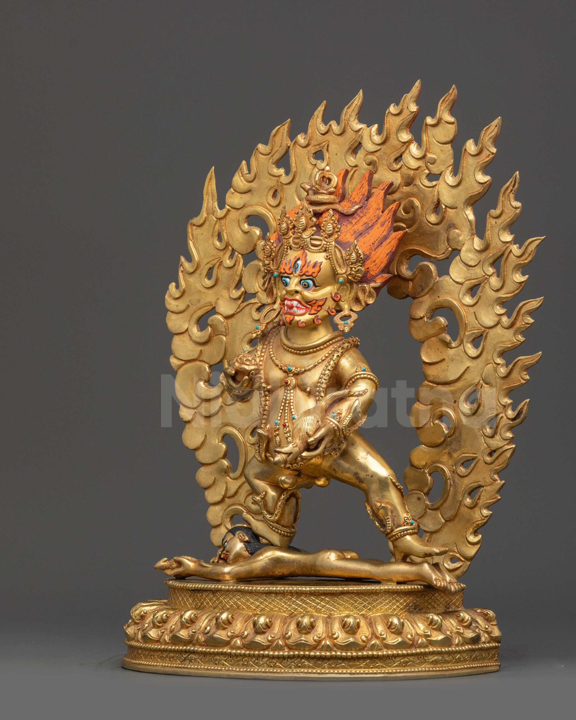 Left view side Black Dzambhala with ornate crown and wrathful aura