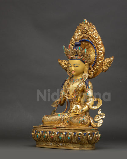Left view side Dorje Sempa sculpture lotus pedestal, semi-precious stones and jewelry details
