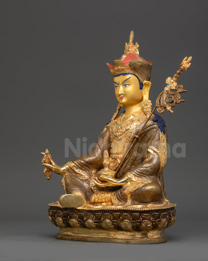 Left view side Guru Padmasambhava statue showing swirling robe and lotus hat details
